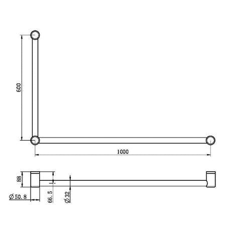 Calibre Mecca 32mm DDA AS1428 Compliant Toilet Grab Rail Set, Mod Angled 90 Degree, 600x1000 Grab Rail + (R0130) Mod 300mm Grab Rail